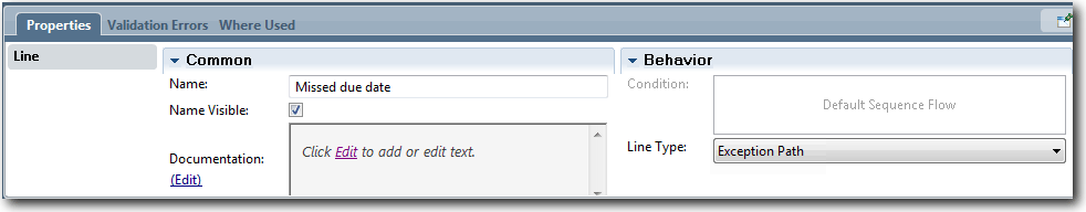 This image shows the Properties tab for the sequence flow line between the attached timer event and the Send escalation notice activity. The exception path is selected as the line type.