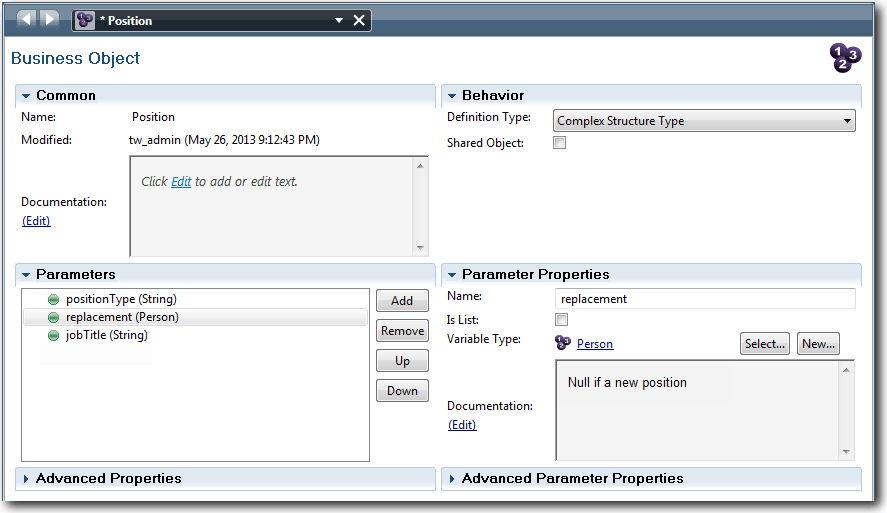 This image shows the Position Business Object window.