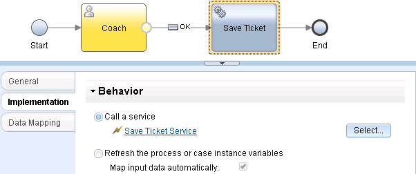The implementation properties of the client-side service that shows it calling the server-side service that does the data validation
