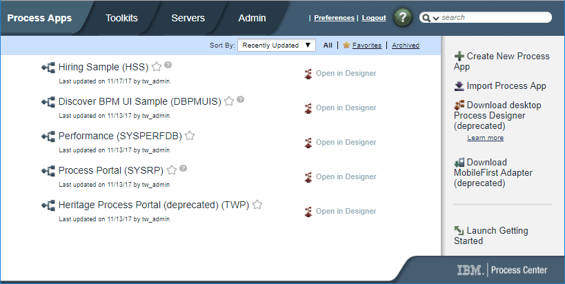 The Hiring Sample process application in Process Center.