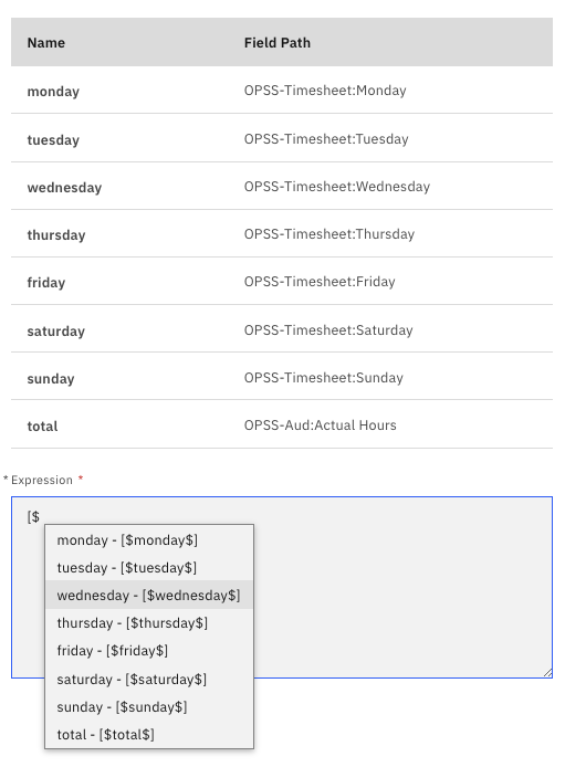 Example of list of fields