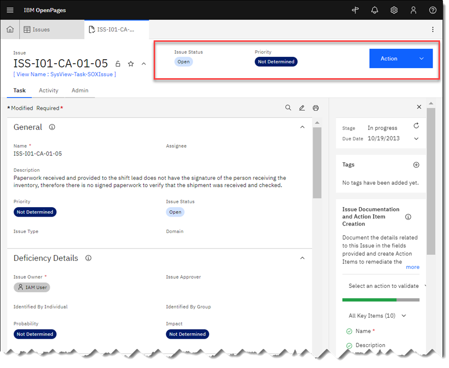 Task View header showing two fields (LCSTatus, Priority) and the Action button.