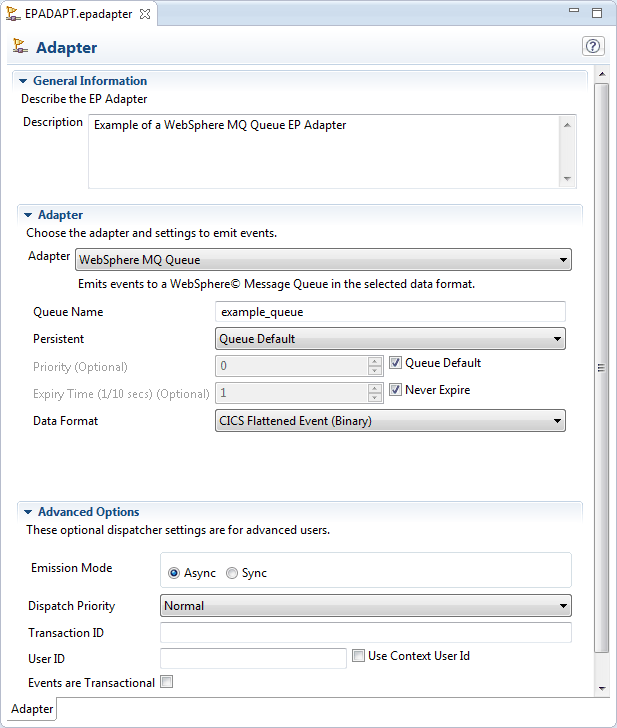 Adapter tab in the EP adapter configuration editor