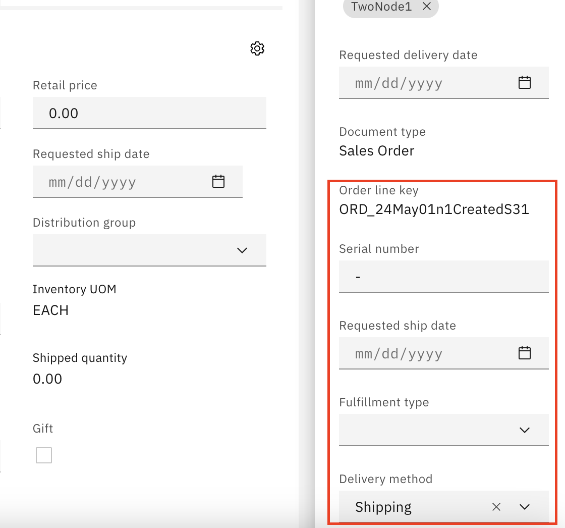 Screen shot displaying the Outbound order line summary page. The summary panel is open and the new with summary fields are highlighted with a red box. New fields include Item ID, ItemGroupCode,Order Header Key, and Unit price.