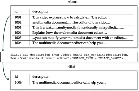 Shows the use of the SEARCH_TYPE tuning parameter for an exact phrase. The hitlist from the videos table is the row that contains the exact phrase: "multimedia document editor."