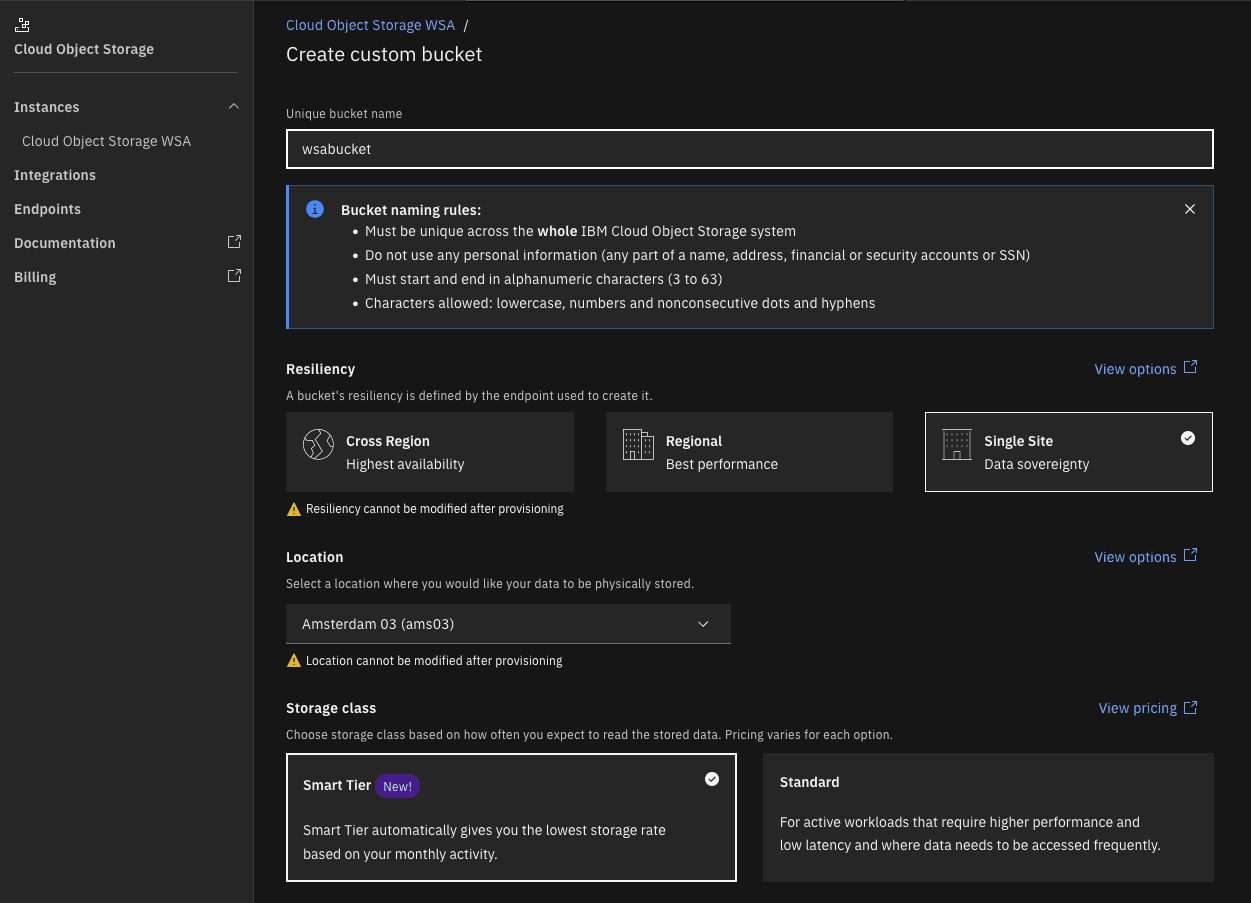 Creating a custom bucket in IBM Cloud Object Storage