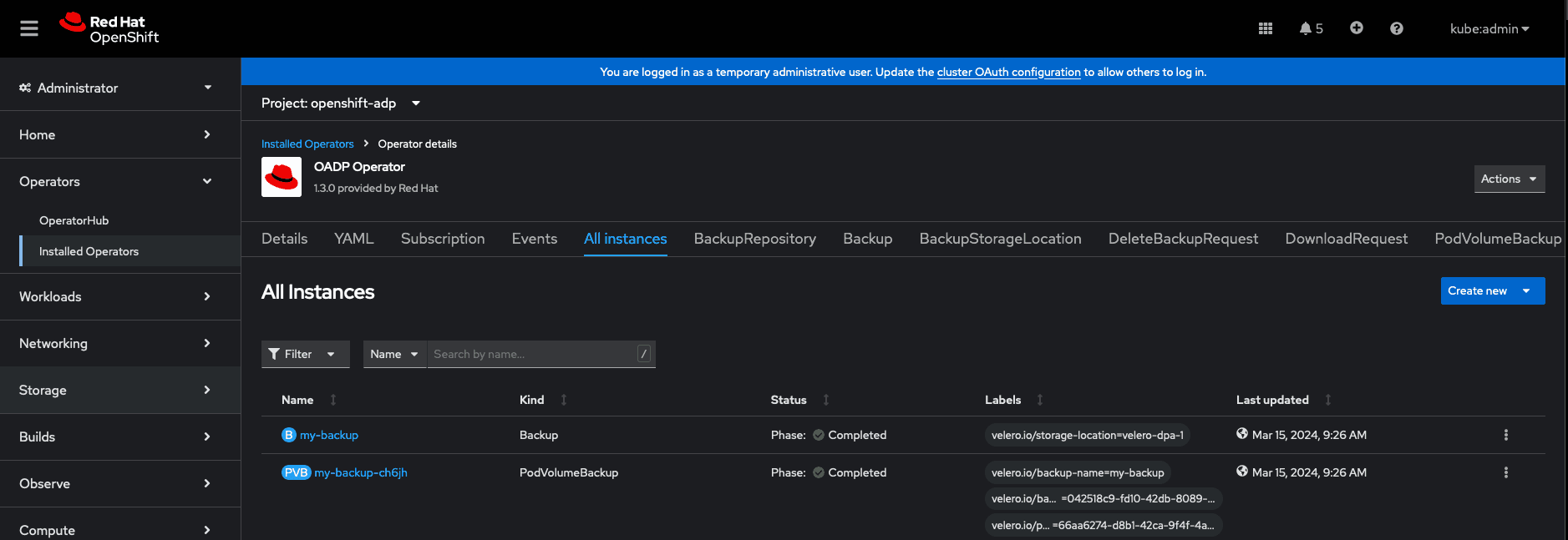 Validating the completion of the backup process in the Red Hat OpenShift web console