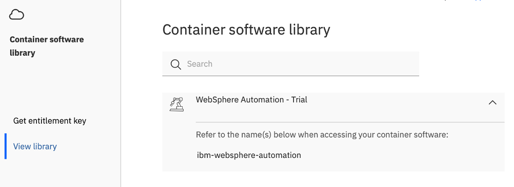The MyIBM Container Software Library page showing the free 60-day trial of WebSphere Automation