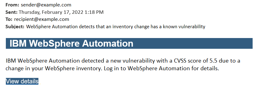 Example email that is sent when a vulnerability is detected in a server that was recently added to the monitored inventory