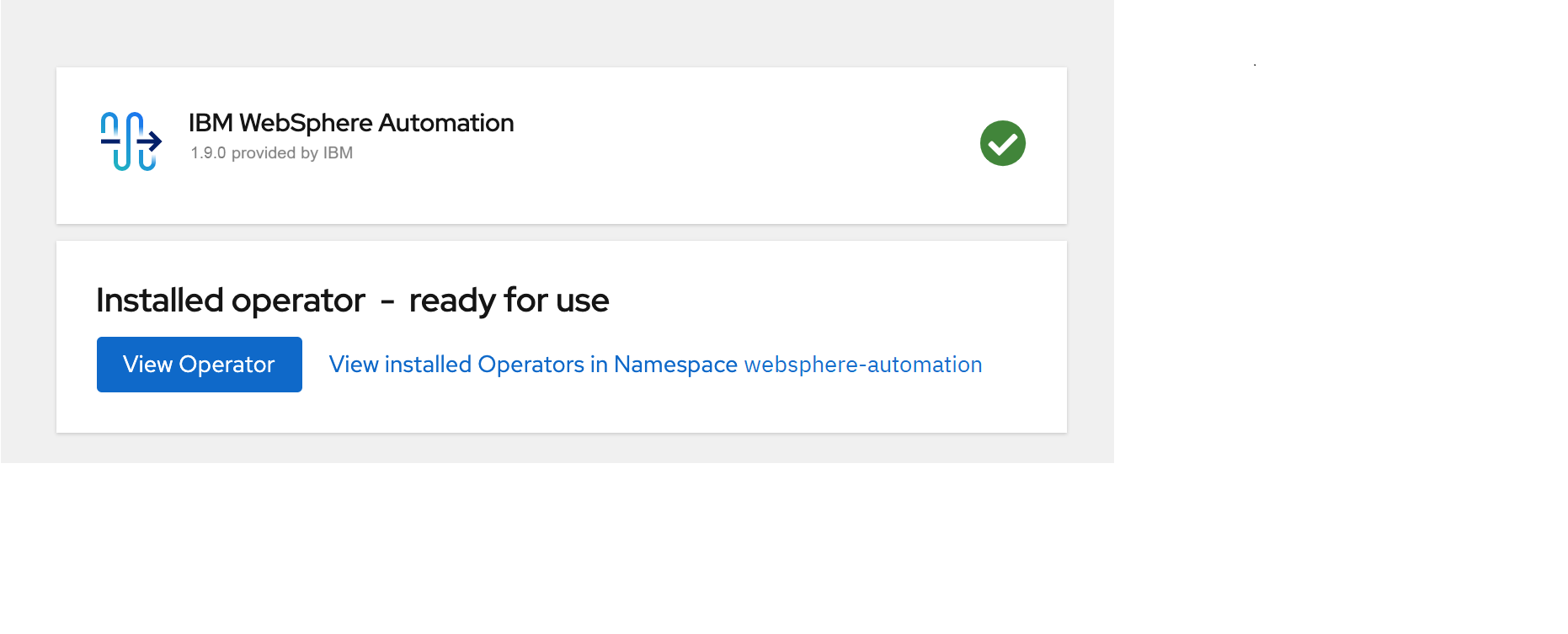 This second image is of the Installed Operators page with the WebSphere Automation operator ready for use in the Red Hat OpenShift console