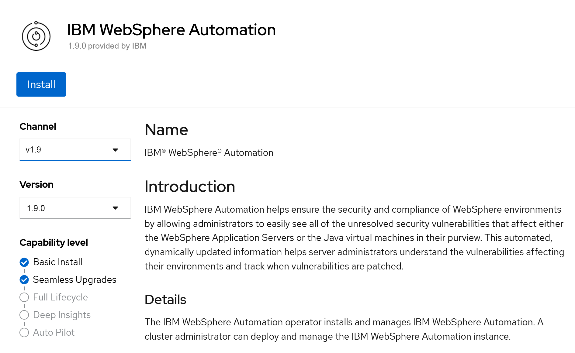 Install Operator page for WebSphere Automation with an Install button in the Red Hat OpenShift console