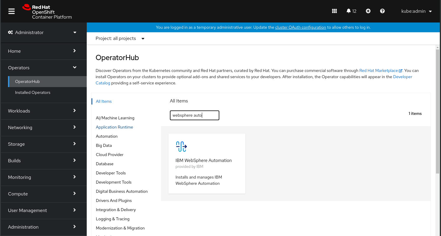 Search for websphere auto in the OperatorHub of the Red Hat OpenShift console