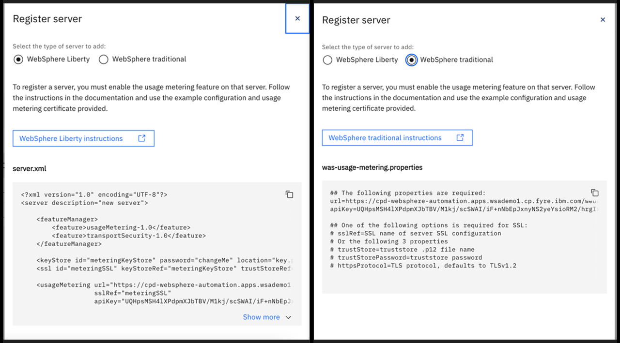 Screenshots of the Register server dialog for both WebSphere Application Server Liberty and WebSphere Application Server