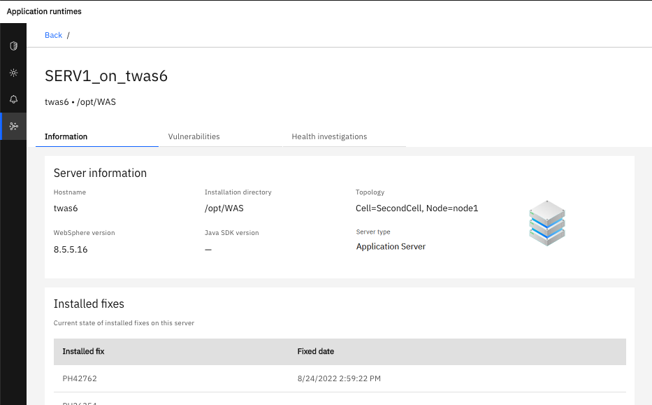 Example Server information page showing hostname, WebSphere version, installation directory, Java SDK version, Server type, and a list of fixes installed on the server.
