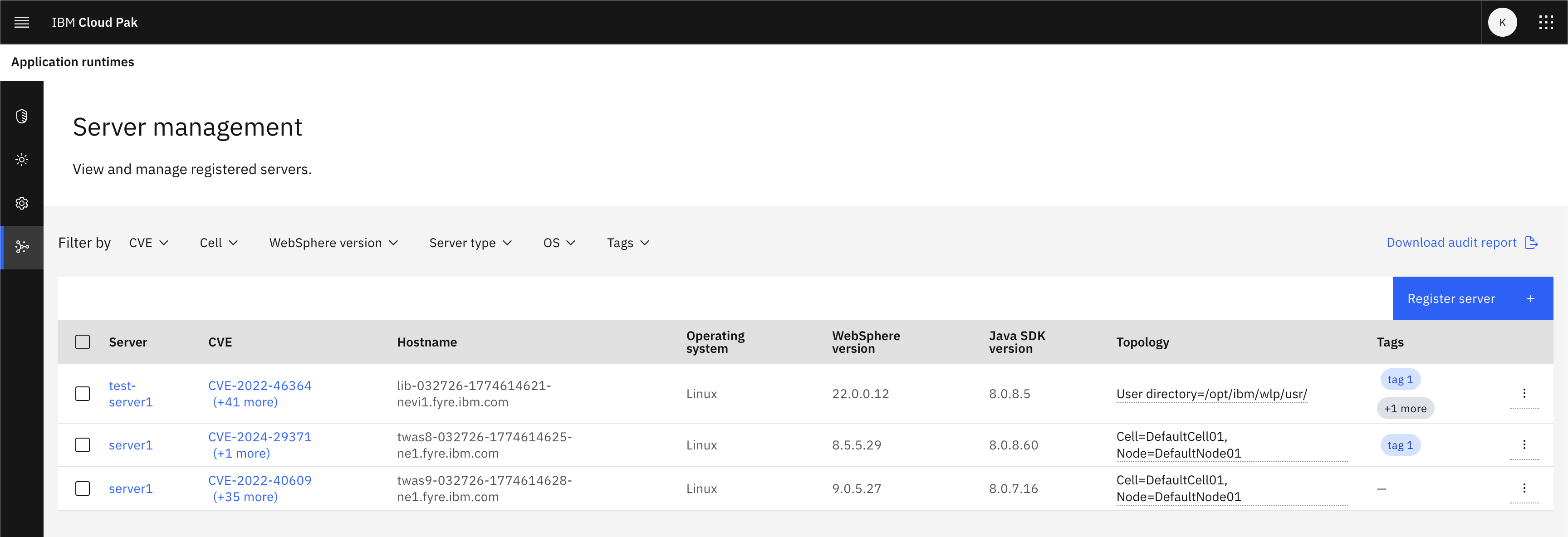 Example Server management page showing inventory of managed application servers in a table. Column headings include Server, Hostname, WebSphere version, Java SDK version, Cell, and action controls.