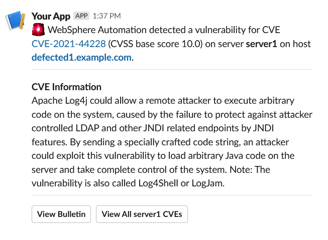 Example Slack message about a vulnerability that is detected in a managed server