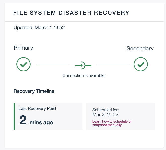 Screenshot of the file system disaster recovery widget
