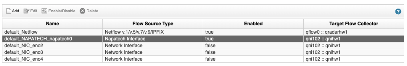 The flow sources configuration window shows default flow sources for the network interfaces on the QRadar Network Insights appliance.
