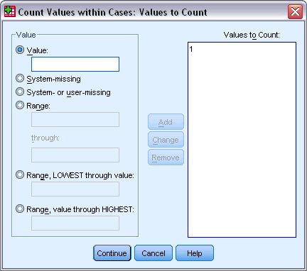 Values to Count dialog box for defining values to count wtihin cases