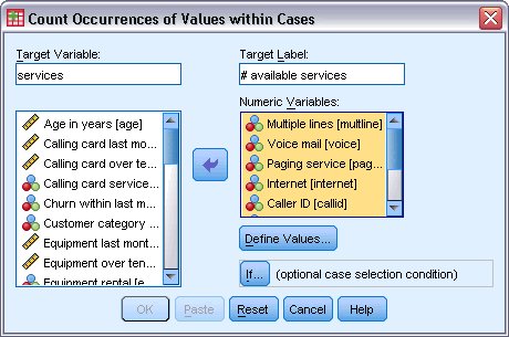 Count Occurrences dialog box for creating a new variable to measure the number of available services that each customer uses