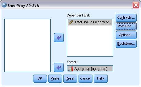 مربع حوار تحليل التباين أحادي الاتجاه One-Way ANOVA مع تحديد تقييم DVD الإجمالي كمتغير تابع والفئة العمرية كمتغير عاملي