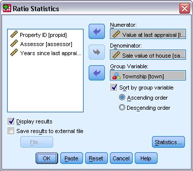 مربع الحوار الرئيسي "إحصائيات النسب" Ratio Statistics