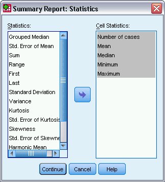 مربع الحوار إحصائيات التقرير الملخص - إجراء تلخيص البيانات