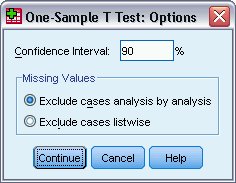مربع حوار خيارات اختبار ت لعينة واحدة One-Sample T Test Options مع إعداد 90 لنسبة فترة الثقة