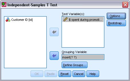 مربع الحوار اختبار ت للعينات المستقلة لتحديد متغيرات الاختبار ومتغيرات التجميع