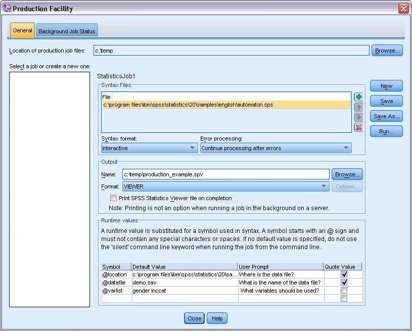 مربع حوار مرفق الإنتاج Production Facility، مع تحديد علامة التبويب عام General - الإنتاج الآلي - إنشاء وظيفة إنتاج في SPSS