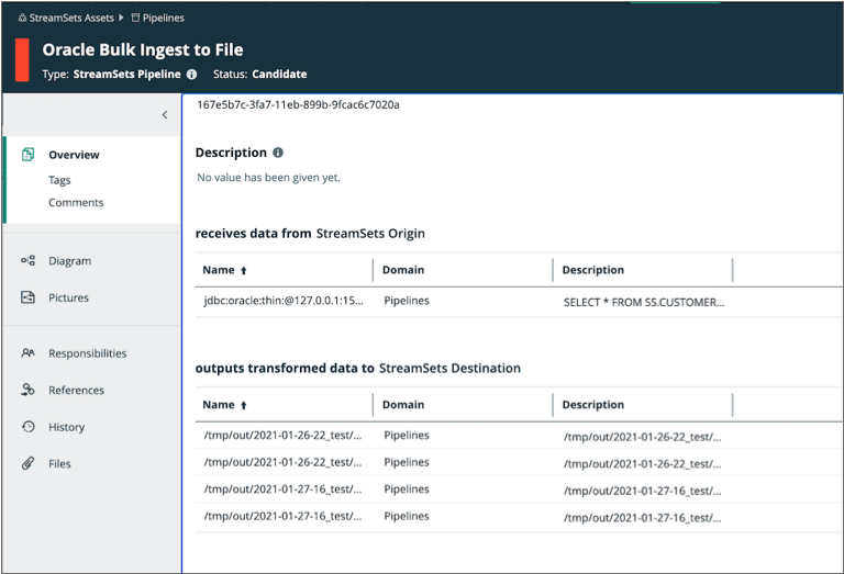 Collibra pipeline metadata page showing a pipeline with one input and four outputs