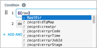 List of valid expression elements including a runtime parameter named RootDir