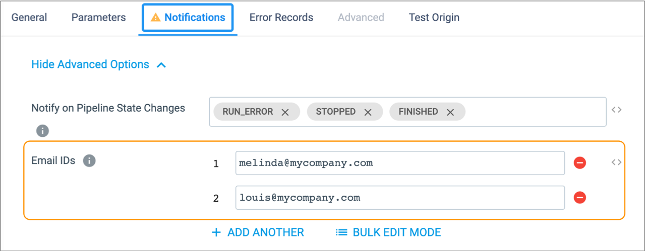 Notifications properties page configured with two email IDs
