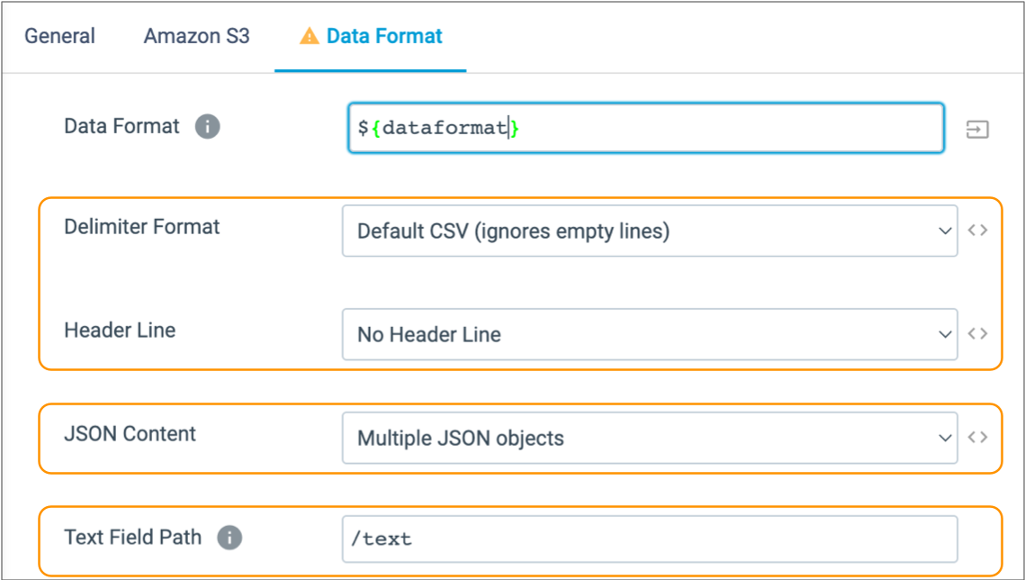 Data Format properties page showing the Data Format property set to ${dataformat} and configuration properties for the Delimited, JSON, and Text data formats