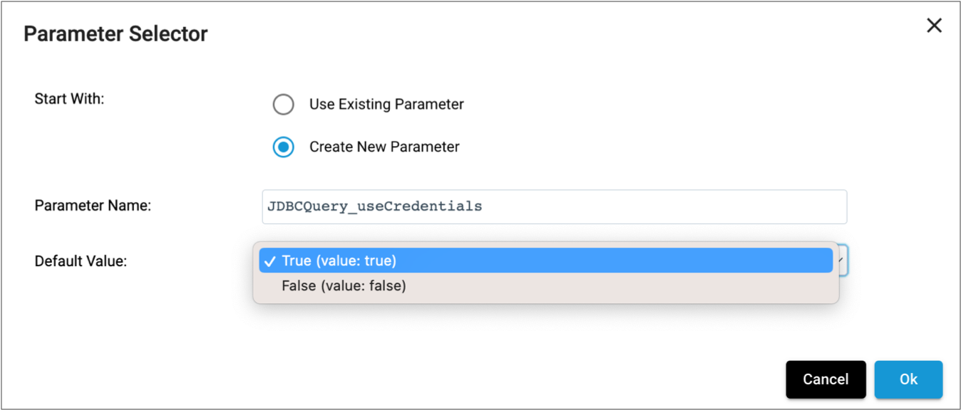 Parameter Selector page showing a new parameter with possible default values of True and False