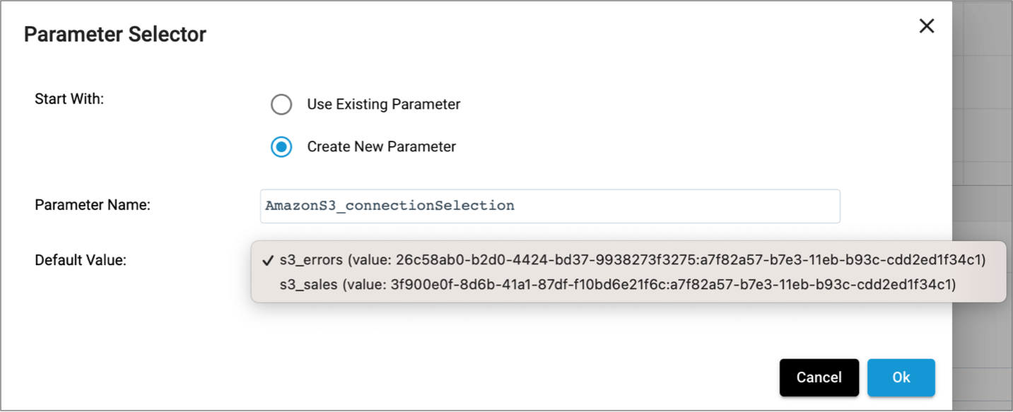 Parameter Selector page showing the names and IDs of two connections as possible default values