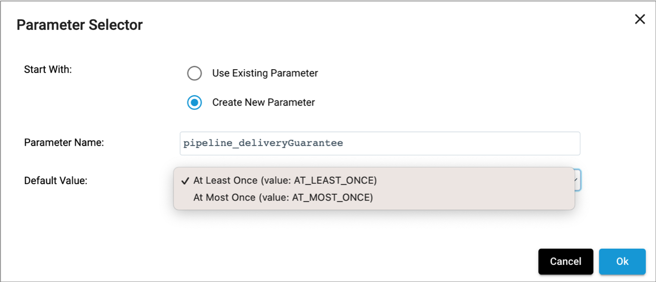 Parameter Selector page showing a new parameter with possible default values of At Lest Once and At Most Once