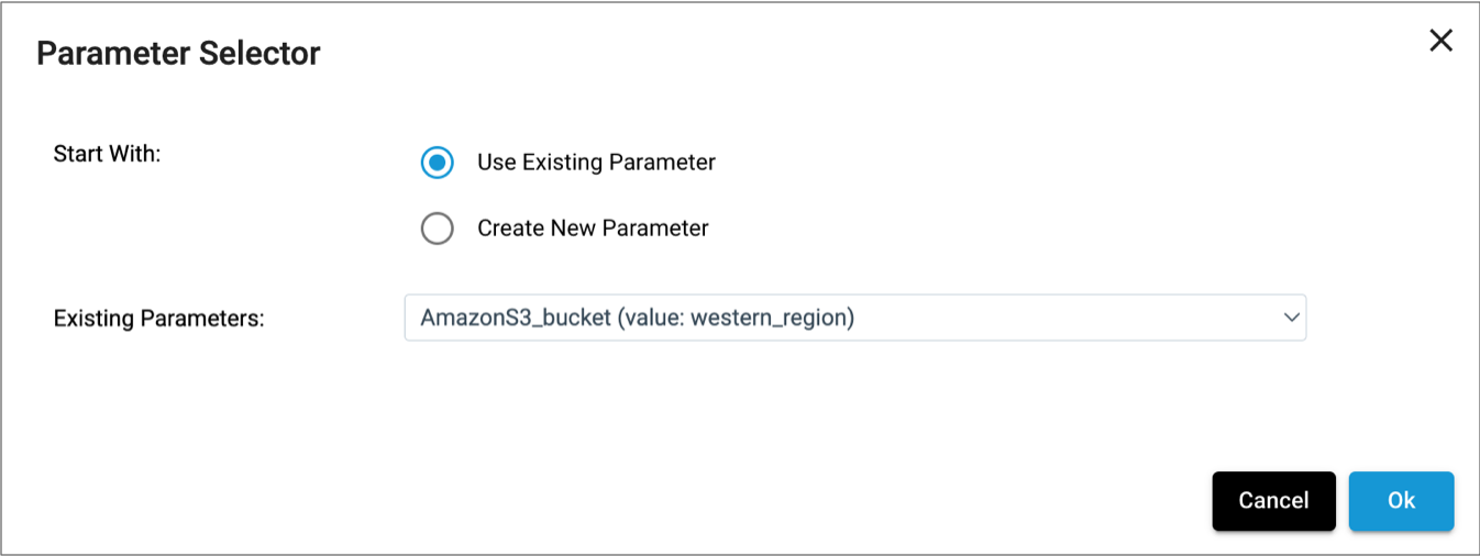 Parameter Selector properties page with Use Existing Parameter selected