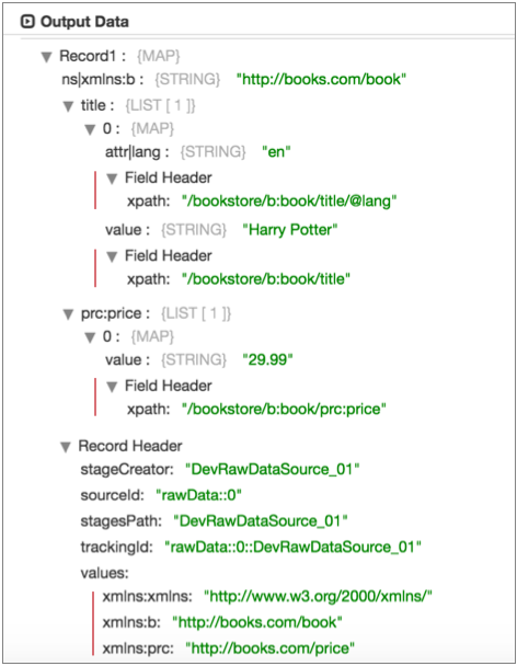 Output Data page showing a record with multiple xpath field headers