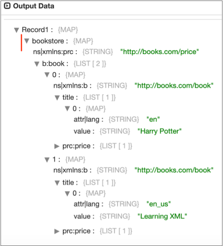 Output Data page showing a record with "bookstore" as the root element