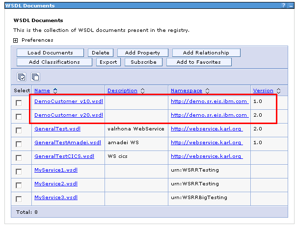 A screen capture of the WebSphere Service Registry and Repository WSDL documents in the Service Registry