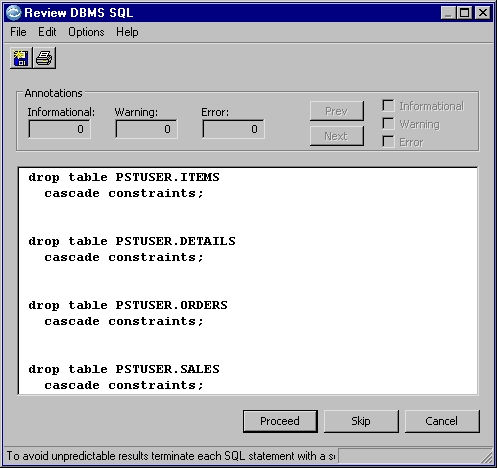 Example of the Review SQL display that is used to review and edit SQL before you submit it.