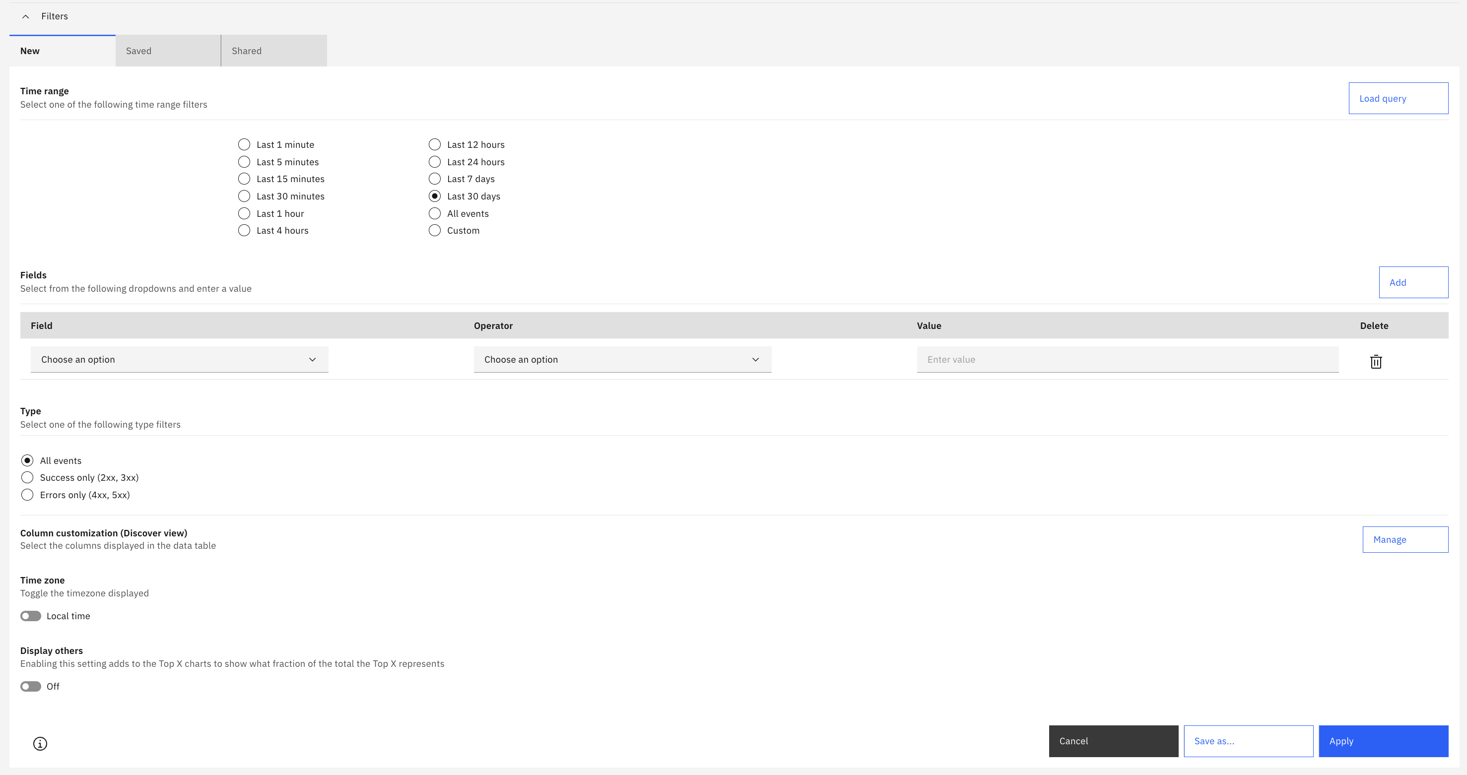 Analytics filters settings