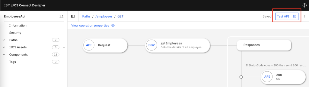 Screen capture to show the location of the Test API button in the upper right corner of the z/OS Connect Designer UI.