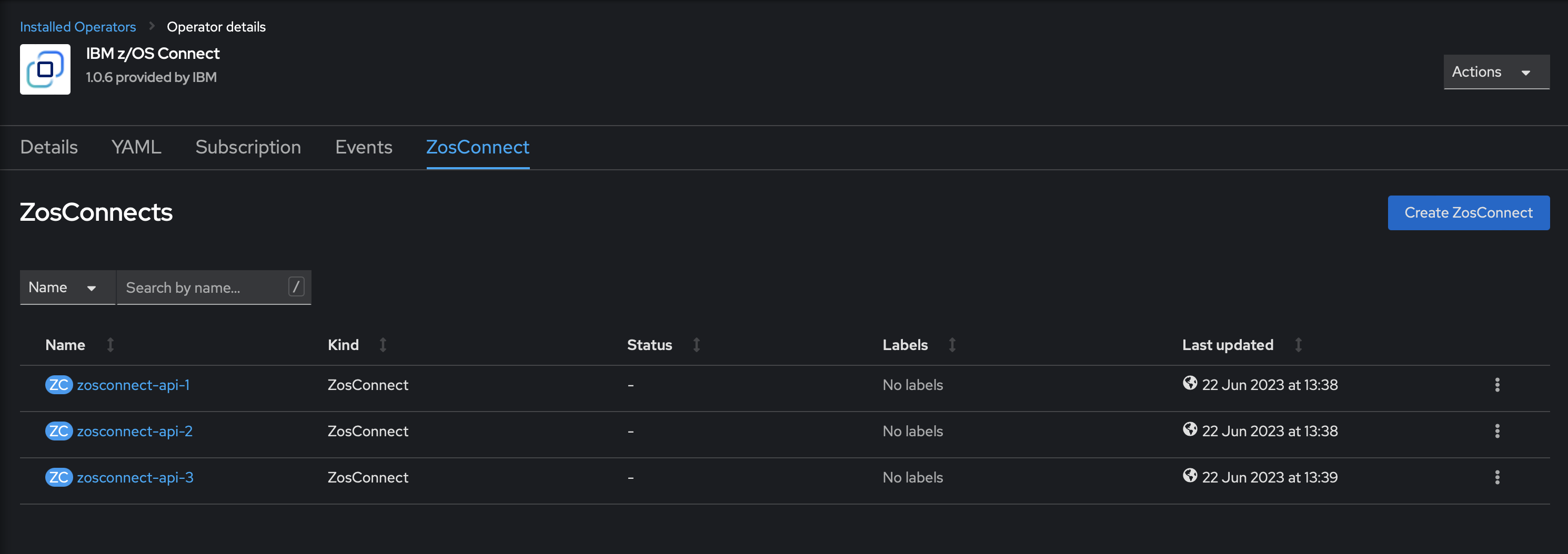 IBM z/OS Connect Operator with 3 separate ZosConnect instances