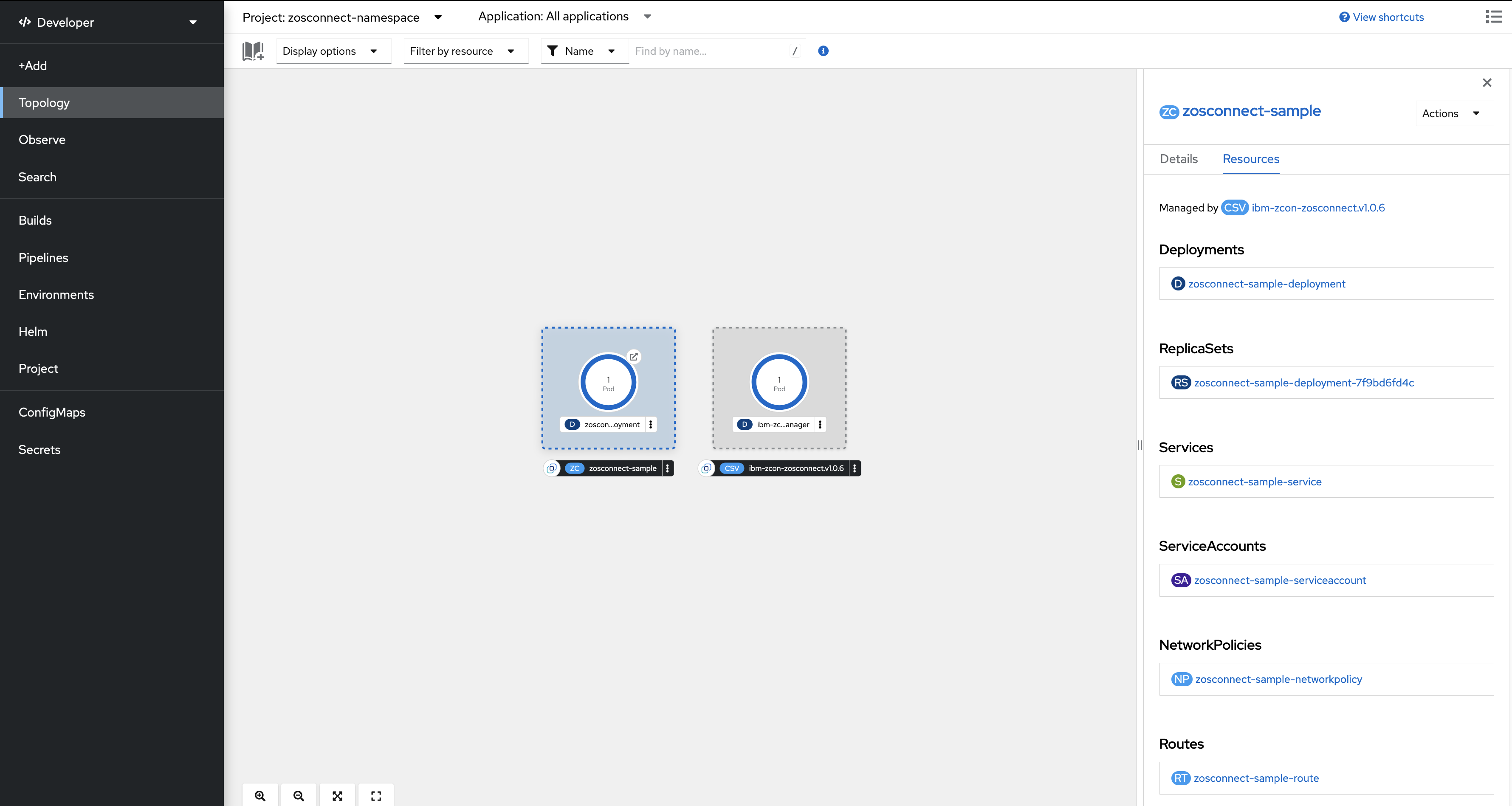 Red Hat OpenShift Topology page displaying the ZosConnect instance.