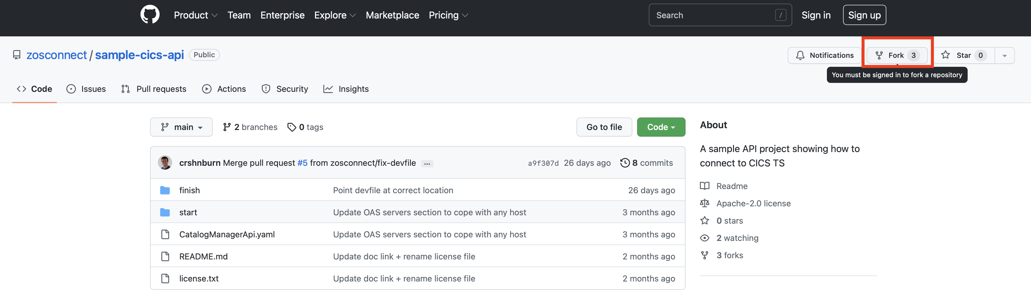 Forking the CICS sample API project