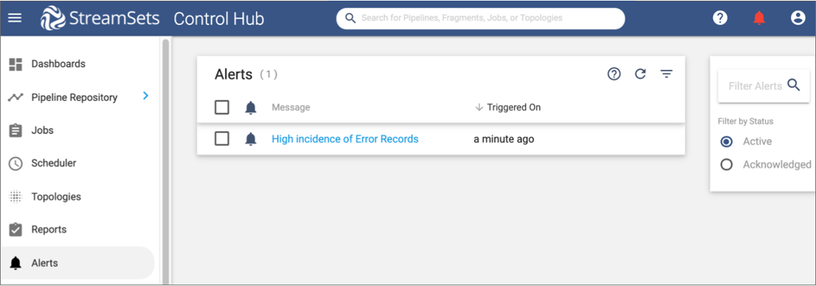 Active alert displayed in the Alerts view