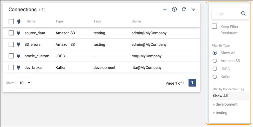 Filter column displayed in the Connections view