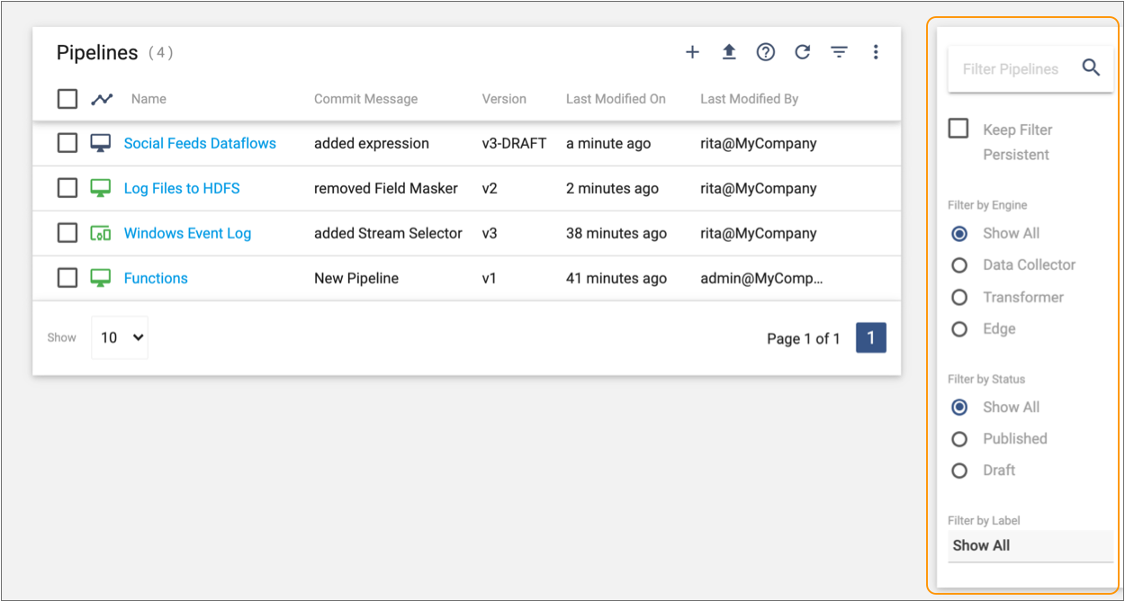 Filter column in the Pipelines view